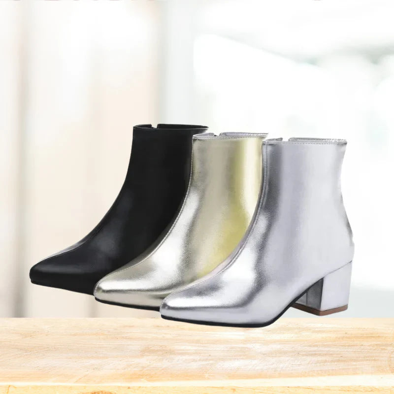 Natalia | Damskie Metaliczne Botki z Zamkiem