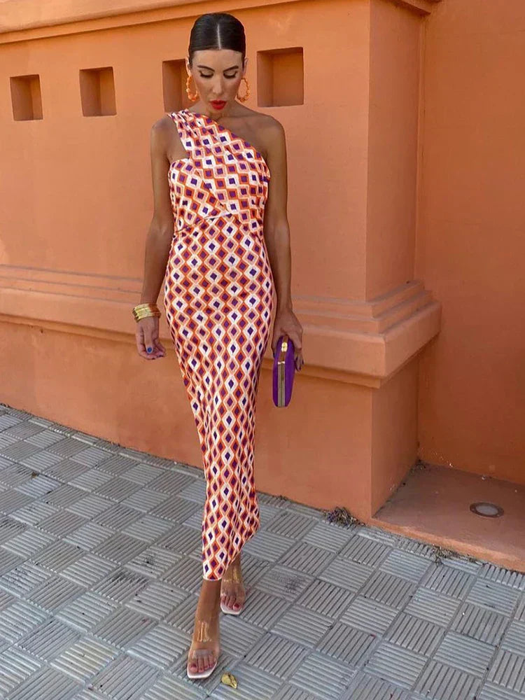 Aleksandra | Stylowa Damska Sukienka Jednoramienna z Printem
