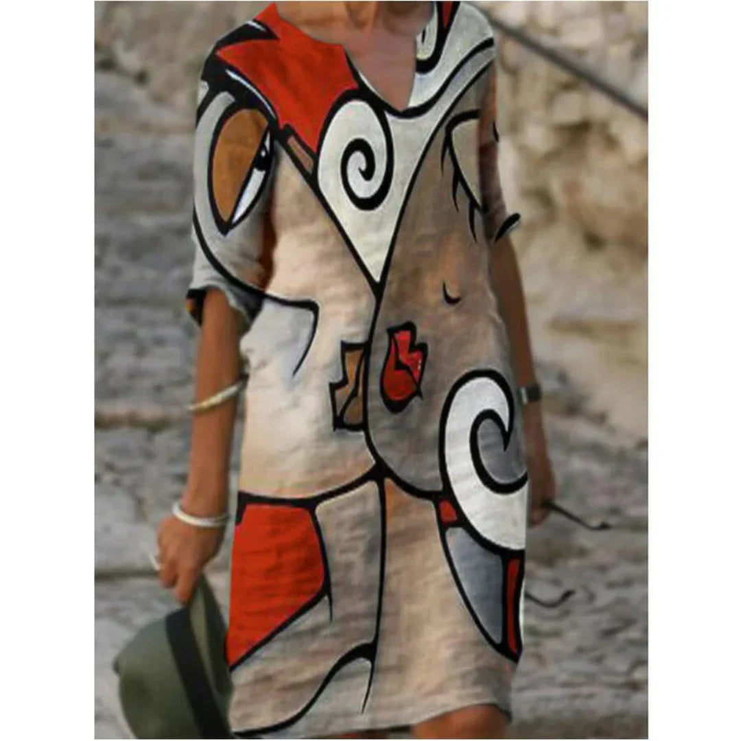 Karina | Kobieta Artystyczny Print Twarzy Dekolt V Casual Sukienka
