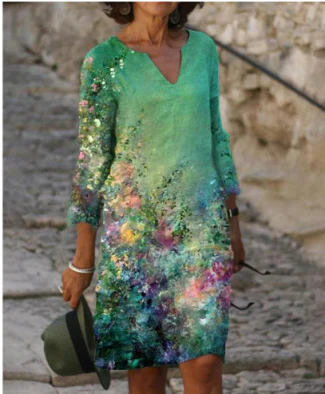 Karina | Kobieta Artystyczny Print Twarzy Dekolt V Casual Sukienka