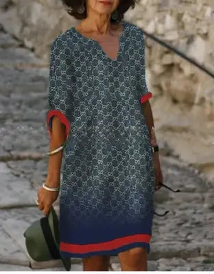 Karina | Kobieta Artystyczny Print Twarzy Dekolt V Casual Sukienka