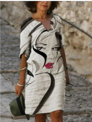 Karina | Kobieta Artystyczny Print Twarzy Dekolt V Casual Sukienka