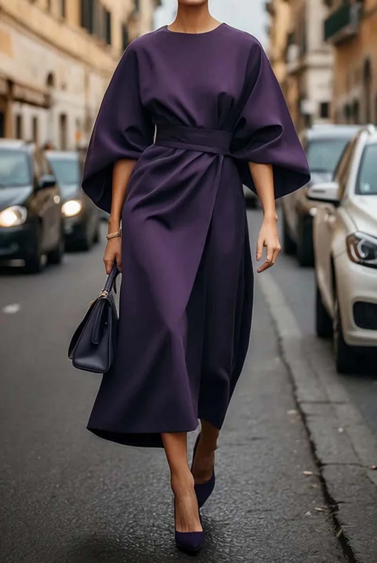 Barbara | Elegancka sukienka z lampasowymi rękawami i paskiem