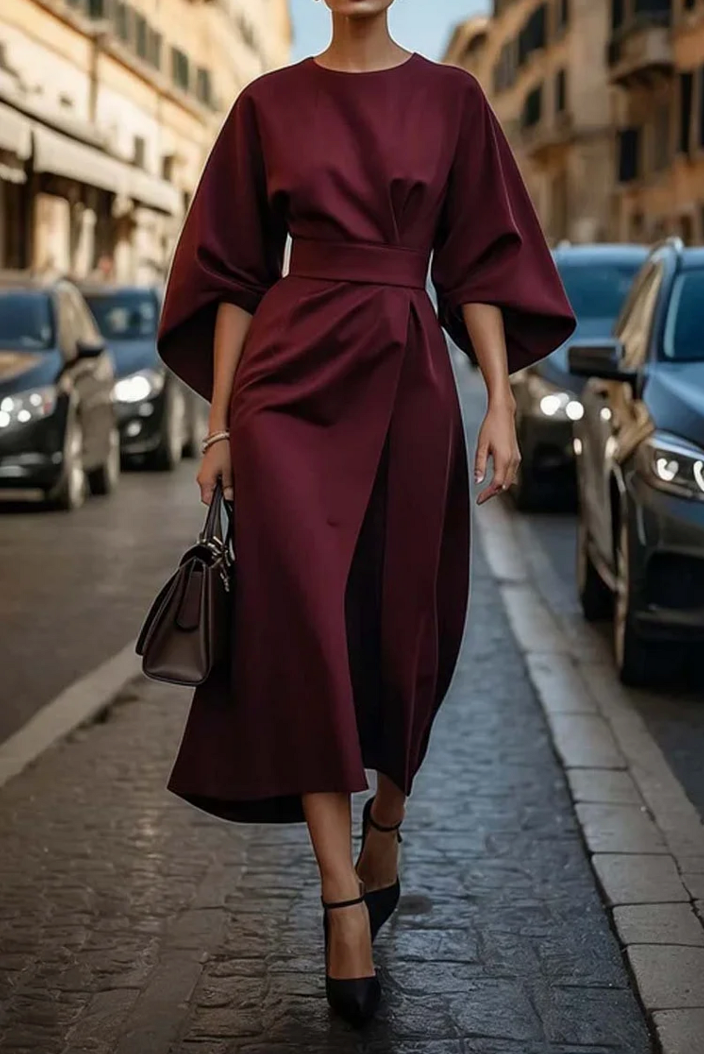 Barbara | Elegancka sukienka z lampasowymi rękawami i paskiem
