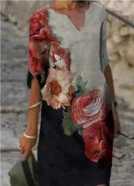 Karina | Kobieta Artystyczny Print Twarzy Dekolt V Casual Sukienka