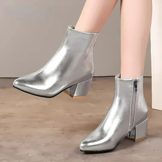 Natalia | Damskie Metaliczne Botki z Zamkiem