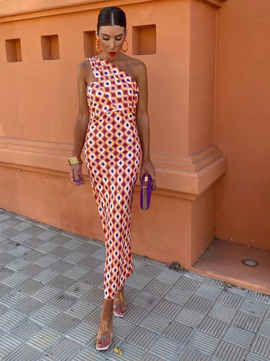 Aleksandra | Stylowa Damska Sukienka Jednoramienna z Printem