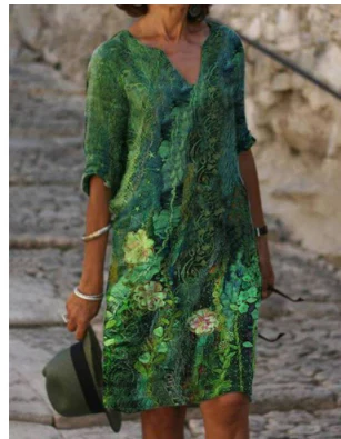Karina | Kobieta Artystyczny Print Twarzy Dekolt V Casual Sukienka