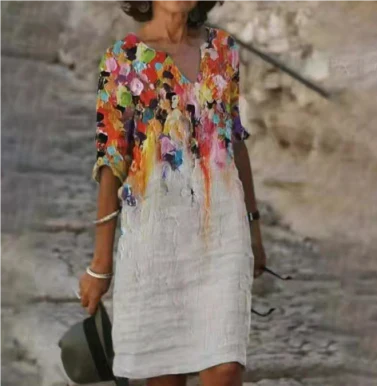 Karina | Kobieta Artystyczny Print Twarzy Dekolt V Casual Sukienka