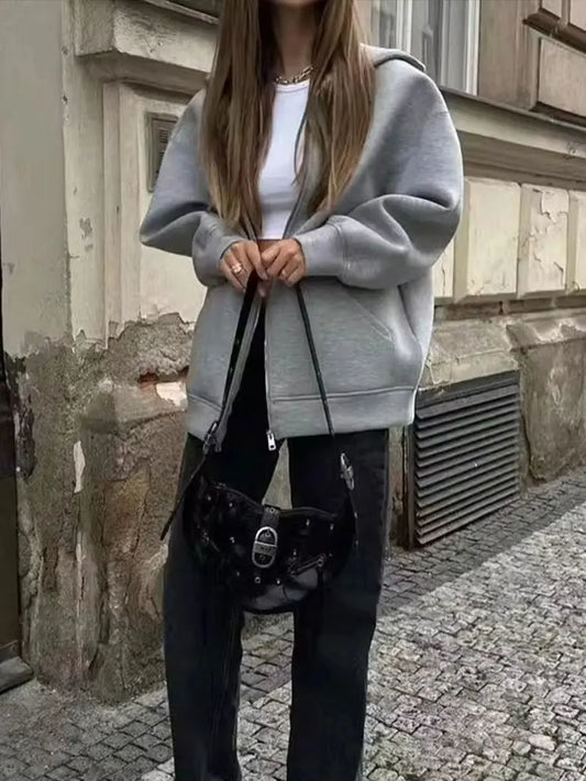 Weronika | Kobieta Oversized Przednia Kieszeń Zamek Bluzy z Kapturem
